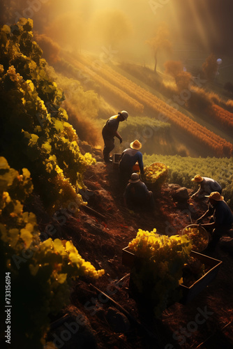 Harvesters begin their day in a majestic vineyard, the rising sun casting a dramatic light over the undulating hills and morning mist. 