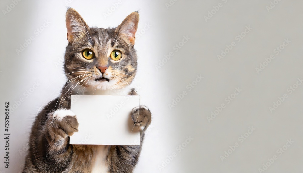 funny pet cat showing a placard on white background blank web banner template and copy space