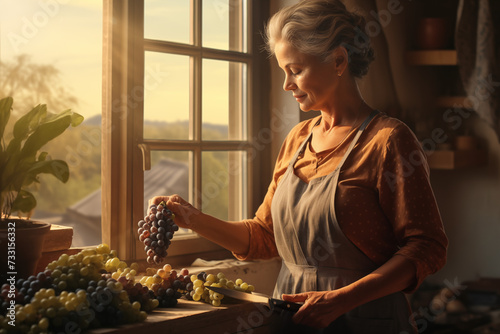 An elegant senior woman examines a bunch of grapes in a brightly sunlit room, showcasing the beauty of everyday moments. 