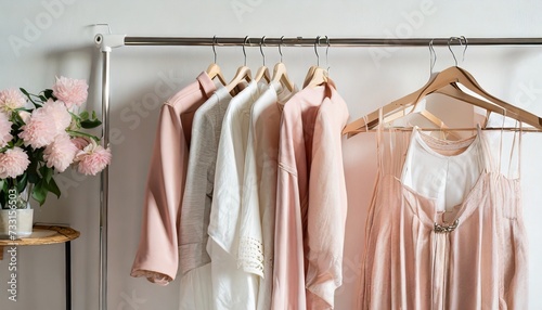 feminine clothes in pastel pink color on hanger on white background spring cleaning home wardrobe minimal fashion concept © Richard