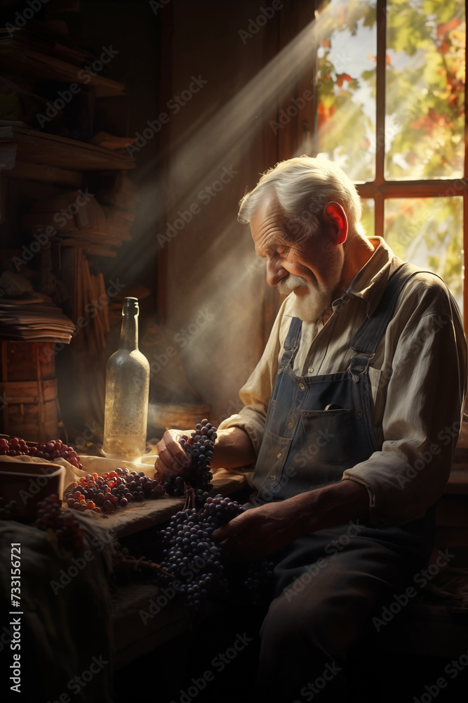 An elderly vintner carefully selects grapes in a dusty room, illuminated by a beautiful stream of sunlight.
