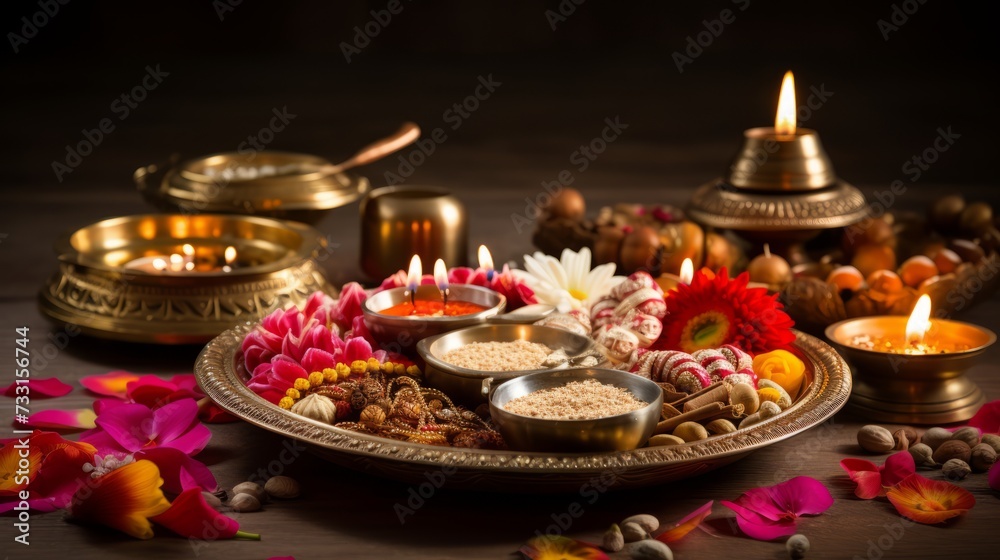 Diwali puja thali with sacred symbols and offerings for blessings
