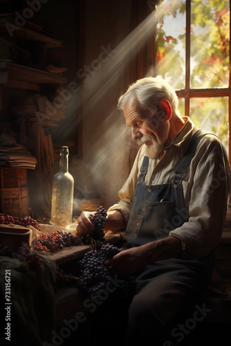 Wallpaper Mural An elderly vintner carefully selects grapes in a dusty room, illuminated by a beautiful stream of sunlight.
 Torontodigital.ca