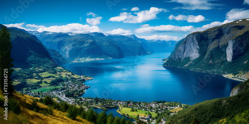 Stunning mountain landscape in Aurland with travel accessories in a suitcase, Aurlandsfjord Against Scenic Blue Sky Norway,   Generative AI © shabnam