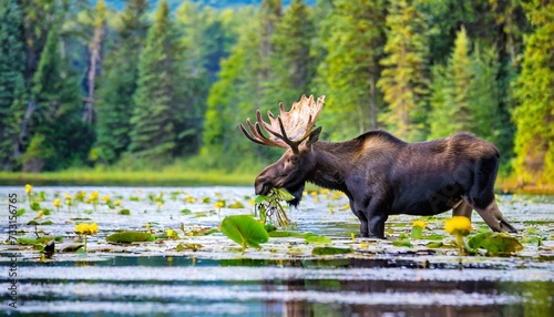 a bull moose eating lily pads in the lake in early morning shot in algonquin provincial park ontario canada photo