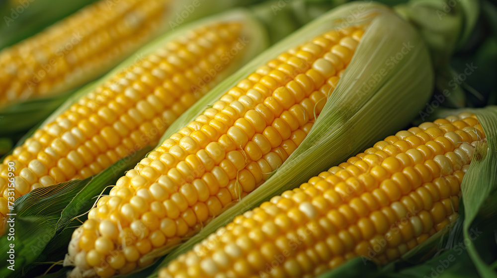 Ears of ripe, golden corn, freshly harvested, lay in a natural arrangement, their kernels plump and glistening, nestled within vibrant green husks Ears of ripe, golden corn, freshly harvested, lay in a natural arrangement, their kernels plump and glistening, nestled within vibrant green husks