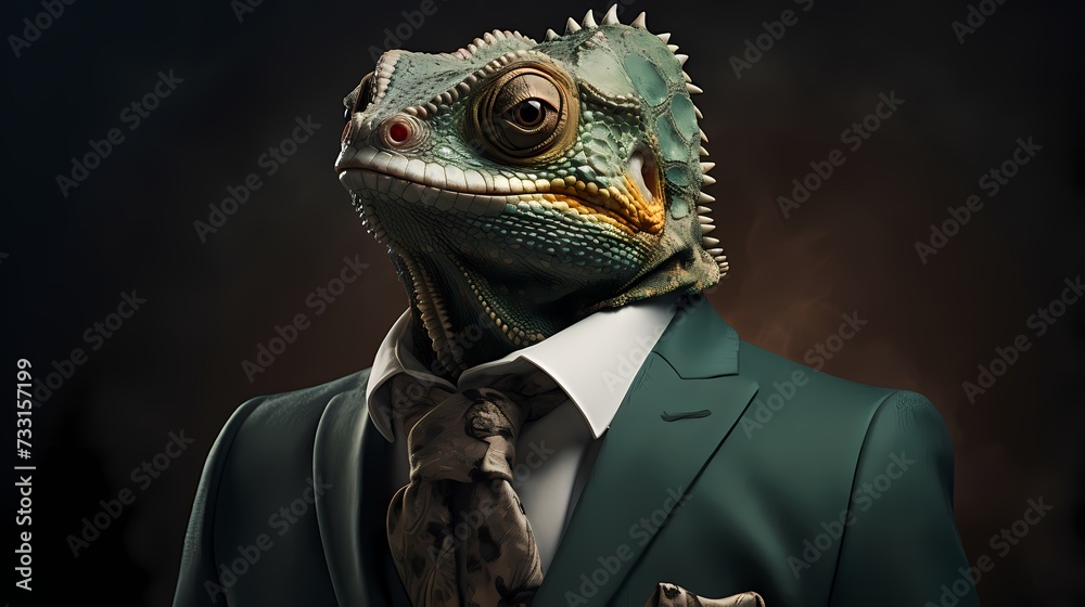 A well-dressed chameleon in a business suit, blending into its surroundings