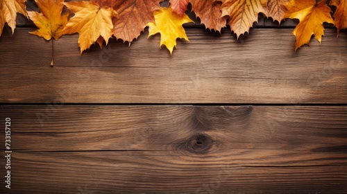 Fallen leaves on a rustic wooden table