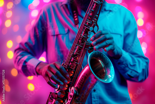 Musician hands on saxophone with pink bokeh lights