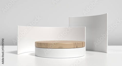 Wooden round cylinder product stage podium. Empty brown wood podium. Podium for promotion product display. 3D rendering