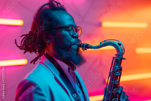 Musician playing saxophone wrapped in pink and blue neon