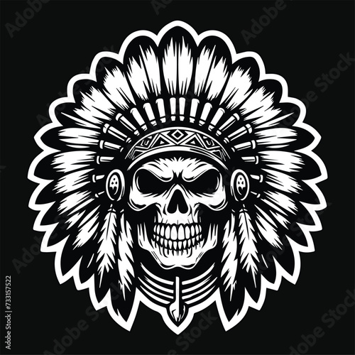 Dark Art Indian Skull Head with Indian Hat Black and White Illustration