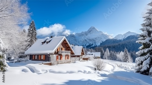 Mountain chalet pension with snow covered peaks for a cozy winter experience