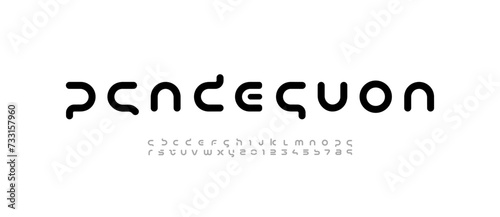 Technology rounded font, digital cyber alphabet made futurism style, letters A, B, C, D, E, F, G, H, I, J, K, L, M, N, O, P, Q, R, S, T, U, V, W, X, Y, Z and numerals 0, 1, 2, 3, 4, 5, 6, 7, 8, 9