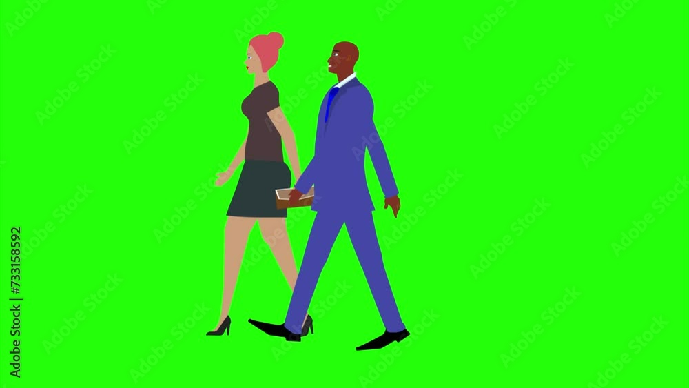 Animation with Man and women character walking side view, seamless loop on green screen, chroma key Animation with Man and women character walking side view, seamless loop on green screen, chroma key