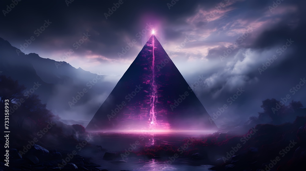 An enchanting violet pyramid surrounded by ethereal mist