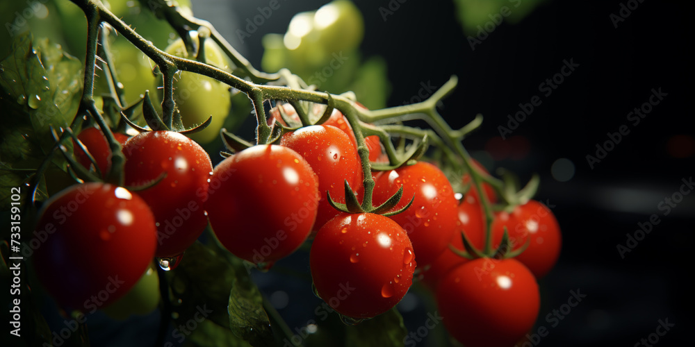 Vine of cherry tomatoes on a dark black background