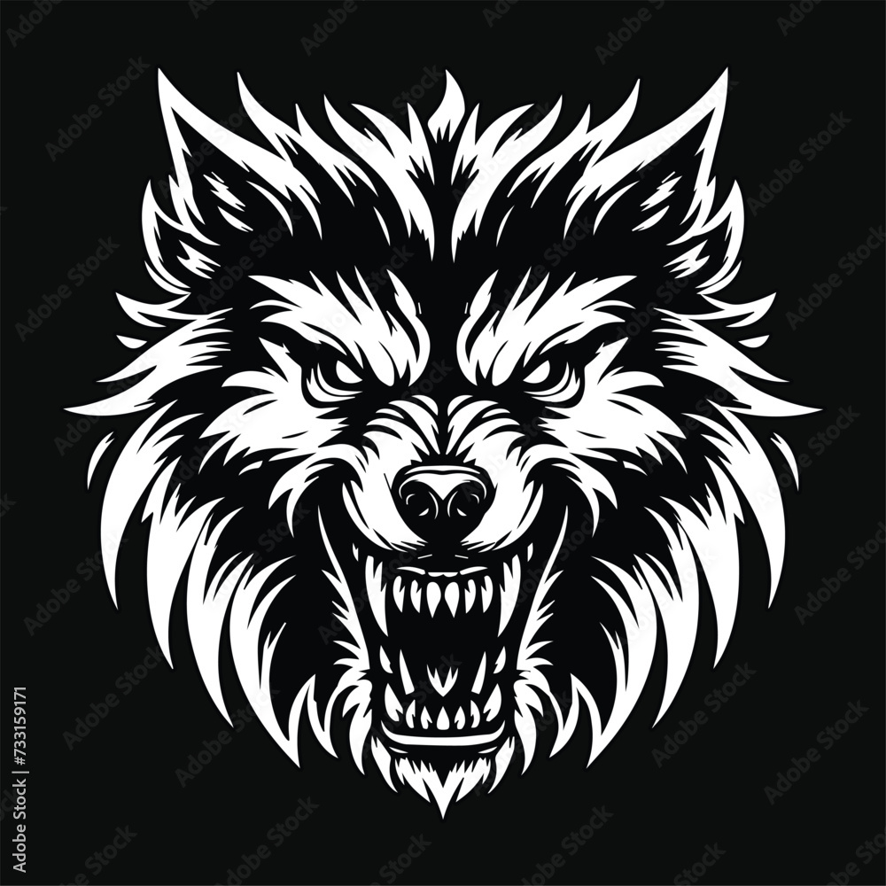 Fototapeta premium Dark Art Angry Wolf Head Black and White Illustration