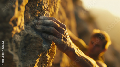 A close-up shot of a climber's hand gripping a rugged rock face. photo