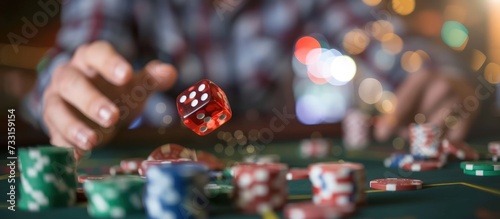 A gambler man throwing dice at a casino table isolated blur background. Generated AI image