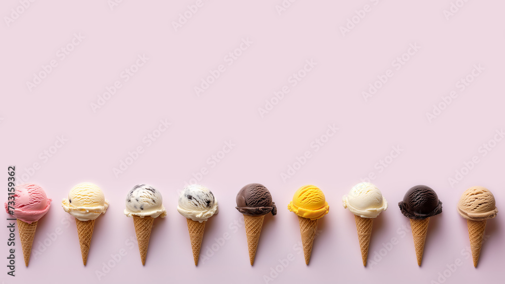 Row of ice cream cones on a plain background with copy space suitable for a promotion or advertising. Row of ice cream cones on a plain background with copy space suitable for a promotion or advertising.
