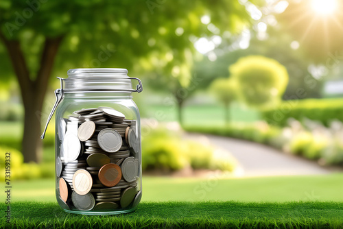 Savings money jar place on morning garden background