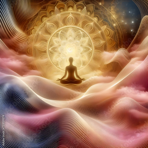 A person in deep meditation, surrounded by psychic waves emanating from their mind. Image symbolizing the spiritual awakening with soft hues of pink and gold. on abtract background