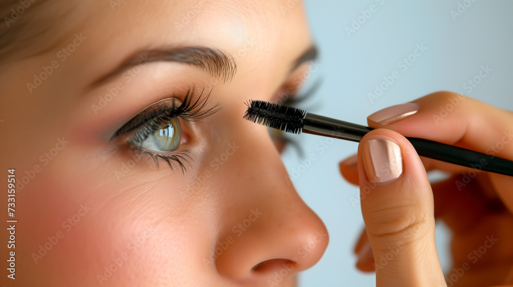 Close up of  beautiful young woman applying eye makeup, mascara / eye shadow / eye liner