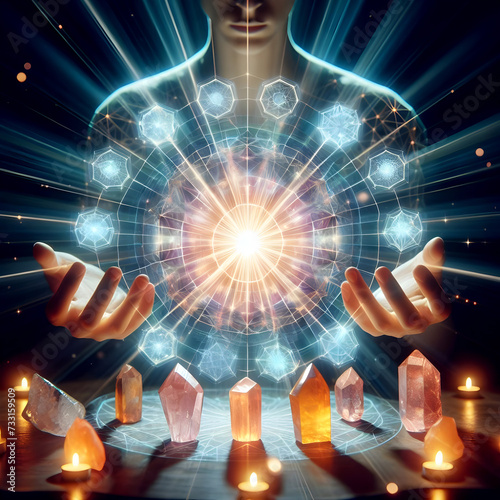 Hands radiating healing energy over a crystal grid.