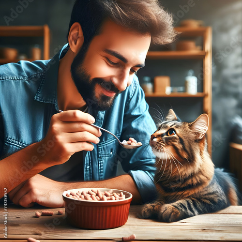 Happy man feeding his cat at home. Domestic life with pet photo