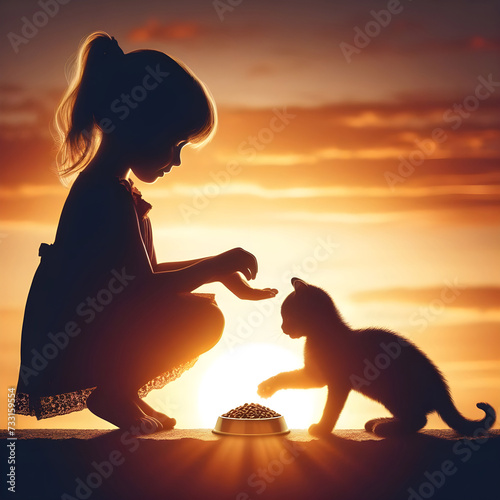 The silhouette of a cute little girl feeding a kitten lovely on sunset background