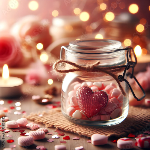 Jar love heart on romantic background. Decorations for Valentine's Day