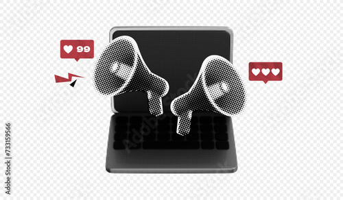 Trendy Halftone Collage Computer Laptop with Megaphones and Like notifications. News announcement. Social media communication. New notification. Marketing time. Contemporary vector art