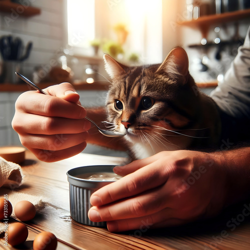Close-up of hands of man while feeding his cat at home