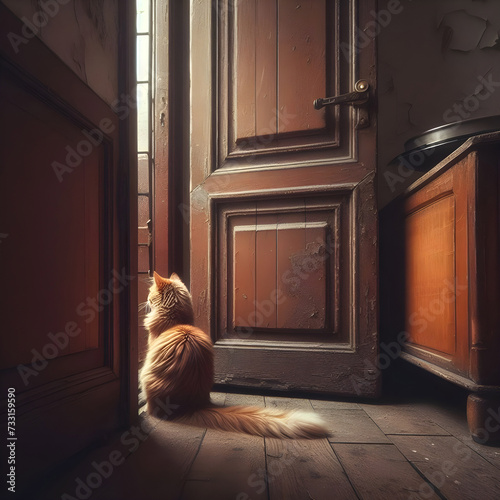 Behind a sad cat sits in front of the door, looking out, waiting for its owner to return.