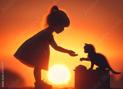 The silhouette of a cute little girl feeding a kitten lovely on sunset background