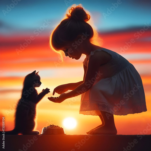 The silhouette of a cute little girl feeding a kitten lovely on sunset background