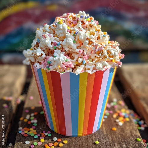 A bucket of popcorn with colorful sprinkles in a striped container, evoking an LGBT theme