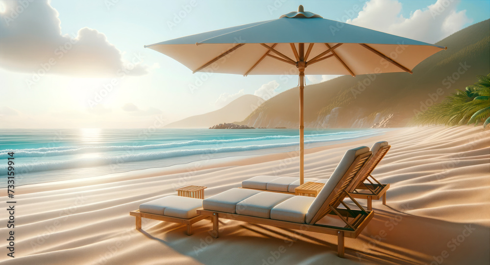 Serene beach setup with sun loungers and umbrella at sunset. Relaxation and travel concept Generative AI