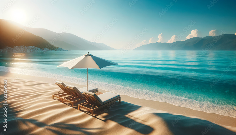 Sunny beach with sunbeds and parasol facing the ocean, mountains in distance. Escape concept. Generative AI - obrazy, fototapety, plakaty 