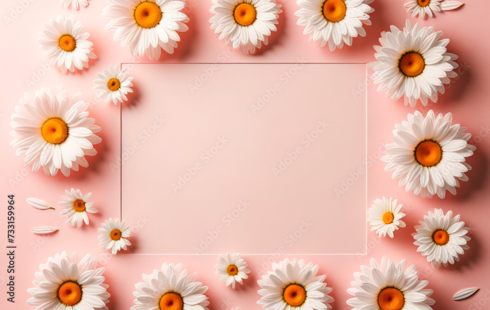 White daisies scattered around a pastel pink frame on a pink background. Floral composition concept. Generative AI