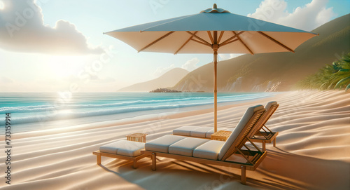 Serene beach setup with sun loungers and umbrella at sunset. Relaxation and travel concept Generative AI © Who is Danny