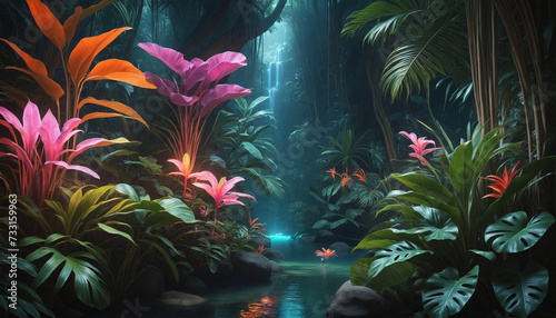 Vibrant Neon Jungle Foliage in a Surreal Dreamland photo