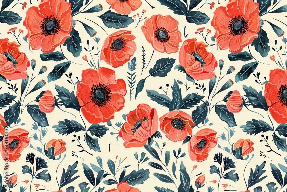 Horizontal floral seamless pattern with poppies. For fashion fabrics, children's clothing, T-shirts, postcards. Also good for email header, post in social networks, advertising, events and page cover.