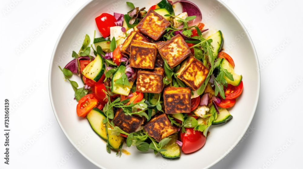 A vegan tofu salad with vegetables on white plate. Top view A vegan tofu salad with vegetables on white plate. Top view