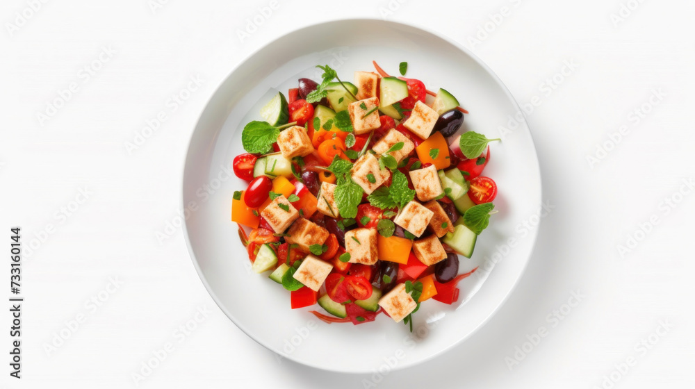 A vegan tofu salad with vegetables on white plate. Top view A vegan tofu salad with vegetables on white plate. Top view