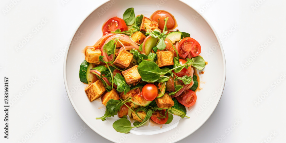 A vegan tofu salad with vegetables on white plate. Top view A vegan tofu salad with vegetables on white plate. Top view