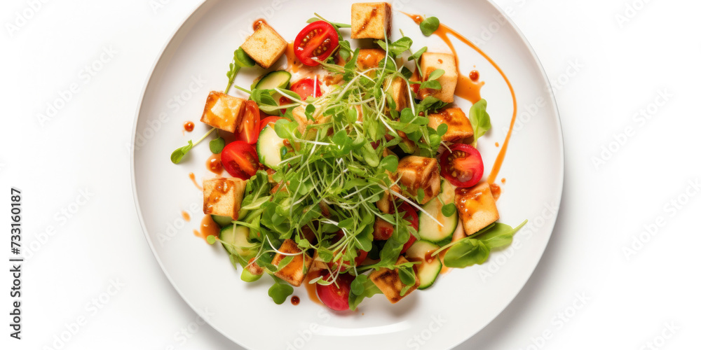A vegan tofu salad with vegetables on white plate. Top view A vegan tofu salad with vegetables on white plate. Top view