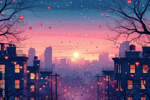 A whimsical illustration of a cityscape with Valentine’s decorations.