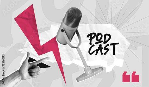 Trendy Halftone Collage Podcast Poster with Studio Microphone and Woman Hand. Broadcast recording. Listen to educational content. Online radio. Audio streaming service. Contemporary vector art